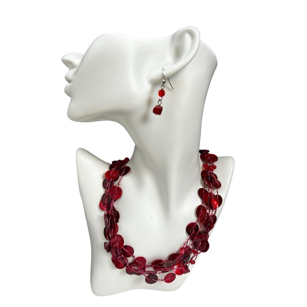 EsMor NWT red coral disc necklace and matching dangle coral disc drop earrings l